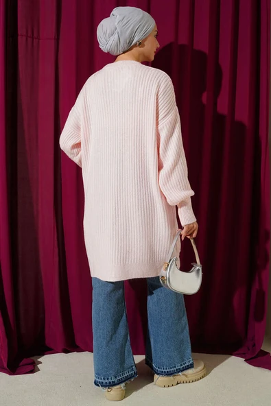 Asimetrik Kabartma Çizgili Triko Tunik Pudra - Resim 3