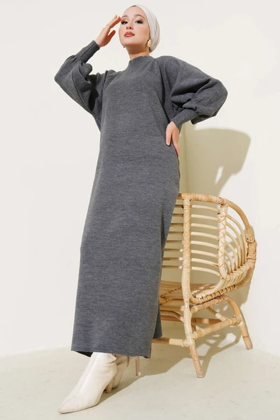 Balon Kol Triko Elbise Füme - Resim 2