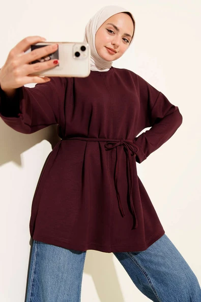 Bisiklet Yaka İp Kuşaklı Tunik Bordo ürün görseli