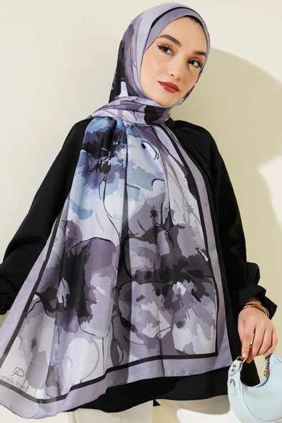 Ebruli Çiçek Desen Soft Şal Duman Gri ürün görseli 1