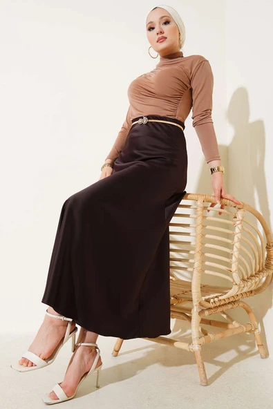 Bel Lastikli Saten Kloş Etek Acı kahve - Resim 2