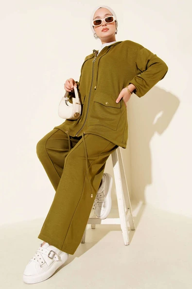 Loyşa Fermuarlı Cepli Kapüşonlu İkili Takım Yeşil - Resim 2
