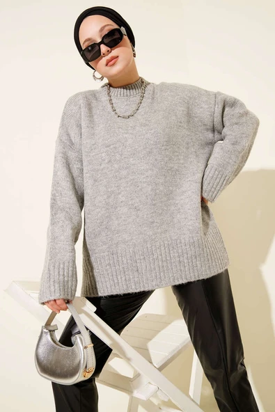 Basic Oversize Triko Tunik Gri ürün görseli