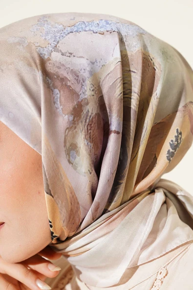 Flowers Desen Soft Eşarp Krem - Resim 4