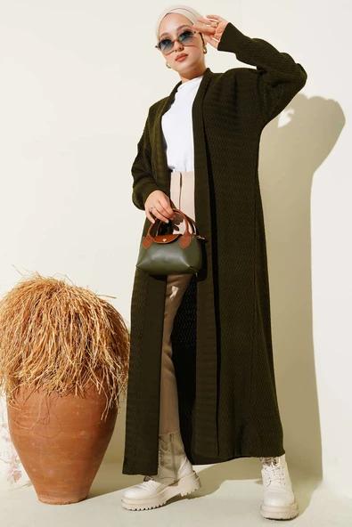 Zikzak Desenli Uzun Triko Hırka Haki ürün görseli