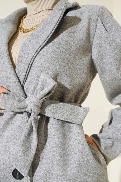 Balon Kollu Uzun Model Melanj Gri Kaşe Kaban - Resim 4