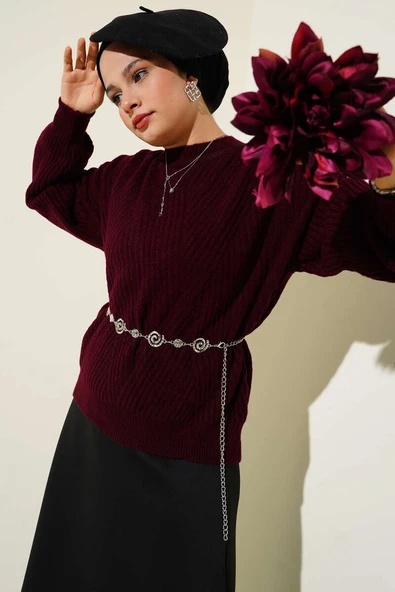 Çizgi Kabartmalı Triko Kazak Bordo ürün görseli 1