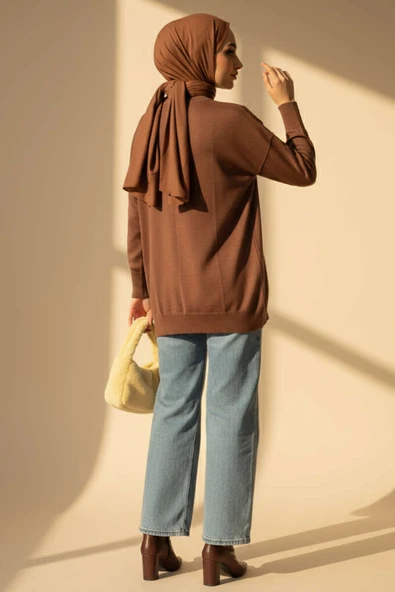 Bisiklet Yaka Merserize Tunik Kahve - Resim 3