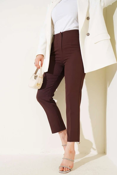 Bel Çımalı Dar Paça Kumaş Pantolon Kahve ürün görseli 1