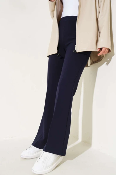 İspanyol Paça Bel Lastikli Dabıl Pantolon Lacivert - Resim 2