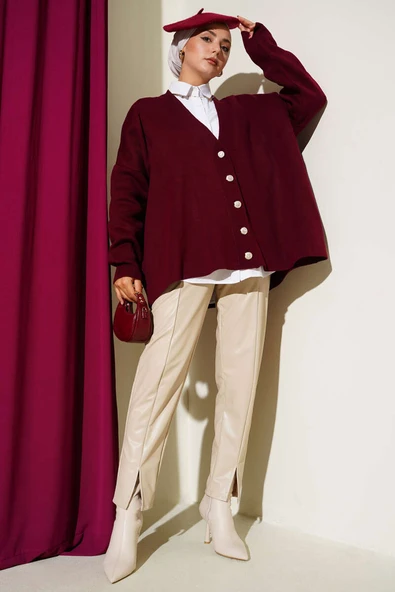 Basic Düğmeli Triko Hırka Bordo - Resim 2