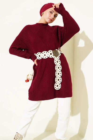 Çizgi Baklava Desen Triko Tunik Bordo ürün görseli