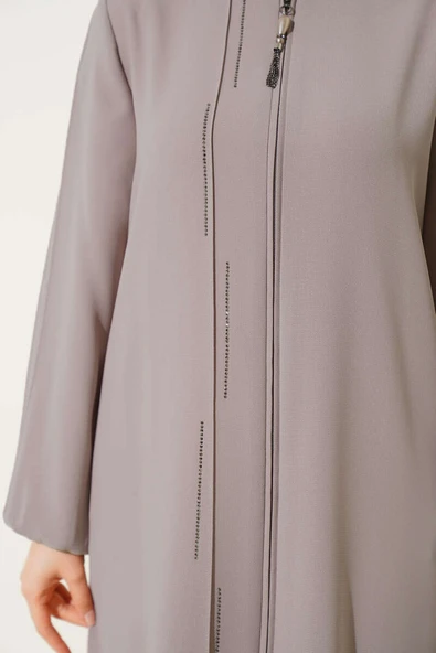 Taşlı Dikişli Omuz Vatkalı Büyük Beden Ferace Vizon - Resim 4