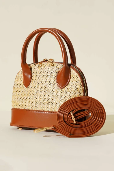 Hasır Detaylı Mini Çanta Taba ürün görseli 1