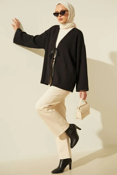 Deri Biyeli Fitilli Görünümlü Kimono Siyah - Resim 2