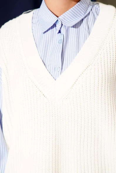 Gömlek Yaka Çizgili Triko Tunik Ekru - Resim 4