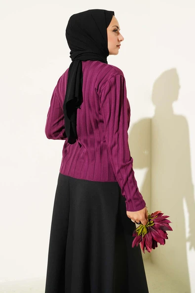 Fitilli Düğmeli Triko Hırka Mürdüm - Resim 3