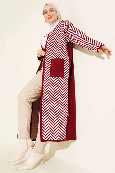 Zikzak Çizgili Desenli Uzun Triko Hırka Bordo ürün görseli