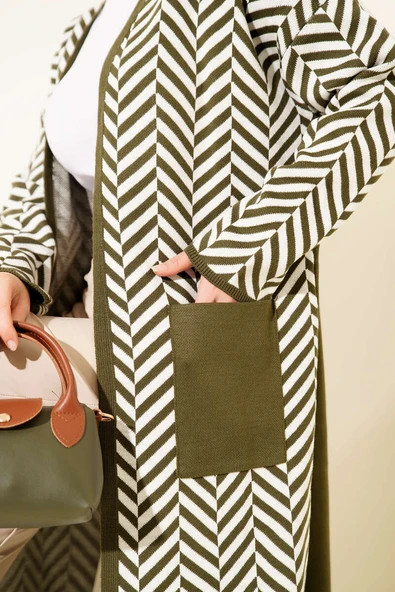 Zikzak Çizgili Desenli Uzun Triko Hırka Haki - Resim 4