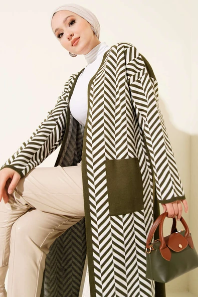 Zikzak Çizgili Desenli Uzun Triko Hırka Haki - Resim 2