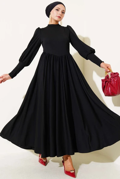 Önü Dikişli Bel Büzgülü Elbise Siyah ürün görseli 1