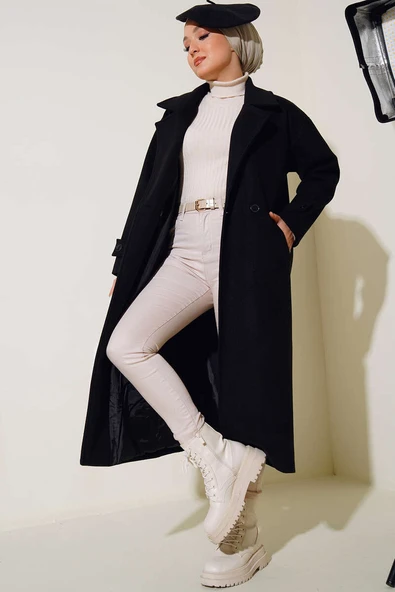 Kruvaze Yaka Uzun Kaşe Kaban Siyah ürün görseli 1