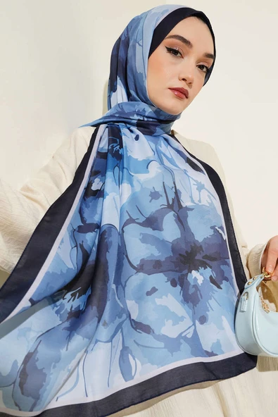 Ebruli Çiçek Desen Soft Şal İndigo ürün görseli 1