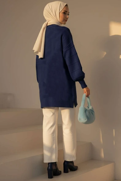 Kare Kabartmalı Yumoş Triko Tunik Lacivert - Resim 3