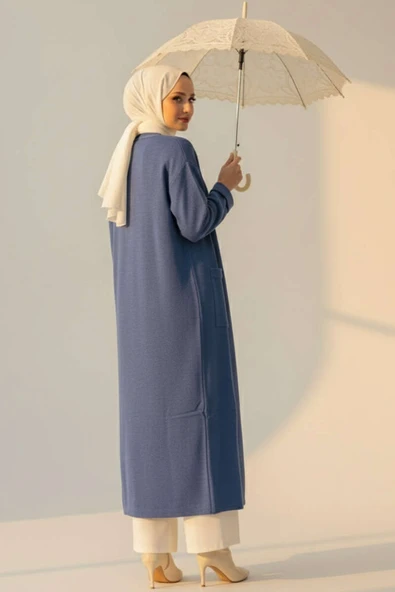 Basic Çift Cepli Uzun Triko Hırka İndigo - Resim 3