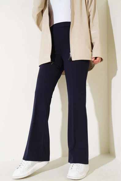 İspanyol Paça Bel Lastikli Dabıl Pantolon Lacivert ürün görseli 1