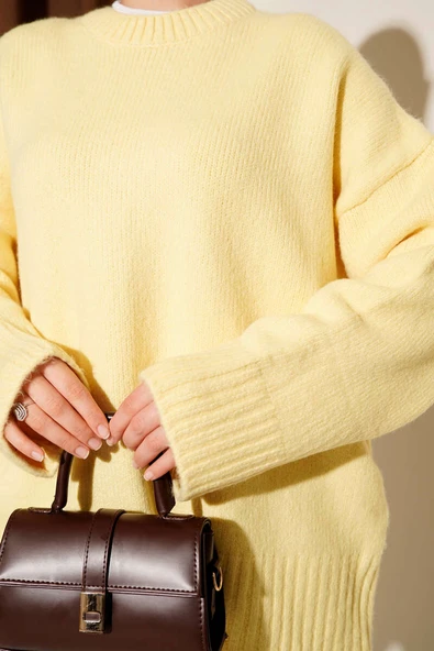 Basic Oversize Triko Tunik Sarı - Resim 4