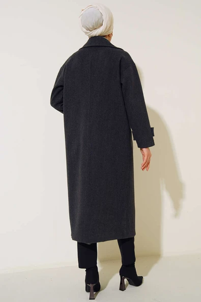 Kruvaze Yaka Uzun Kaşe Kaban Antrasit - Resim 3