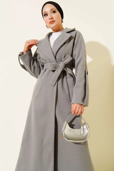 Fitilli Kuşaklı Kaşe Kaban Gri ürün görseli 1