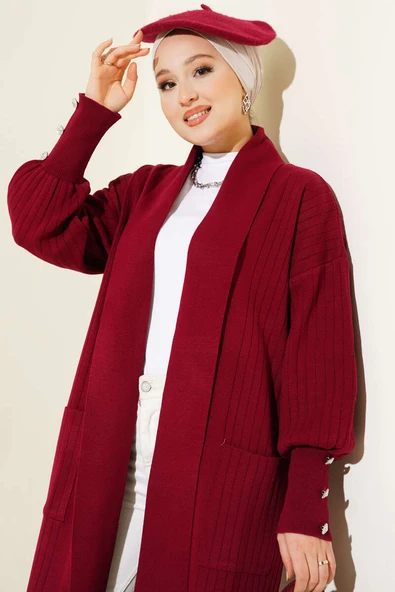 Kol Ucu Düğmeli Şal Yaka Triko Hırka Bordo - Resim 2