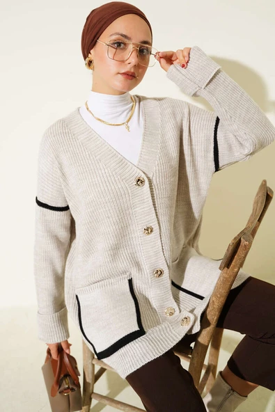 Cepli Gold Düğmeli Triko Hırka Kum Bej ürün görseli