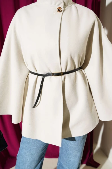 İnce Kemer Detaylı Kaşe Panço Taş - Resim 4