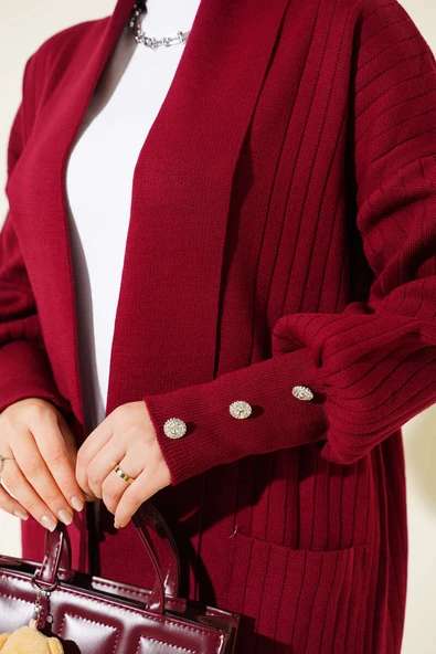 Kol Ucu Düğmeli Şal Yaka Triko Hırka Bordo - Resim 4