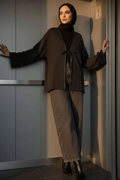 Deri Biyeli Fitilli Görünümlü Kimono Antrasit - Resim 2