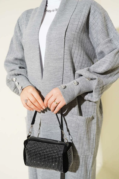 Kol Ucu Düğmeli Şal Yaka Triko Hırka Gri - Resim 4