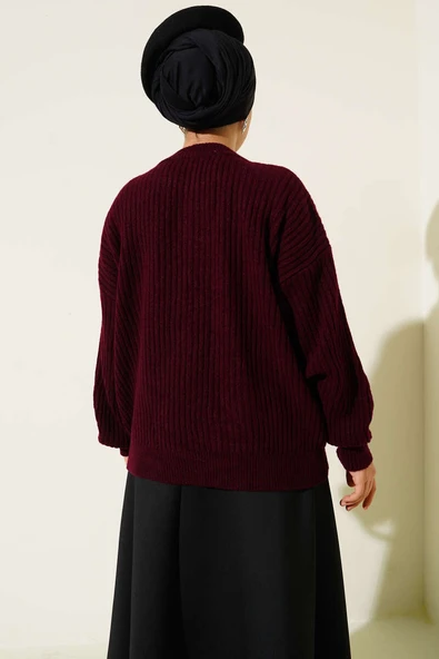 Çizgi Kabartmalı Triko Kazak Bordo - Resim 3