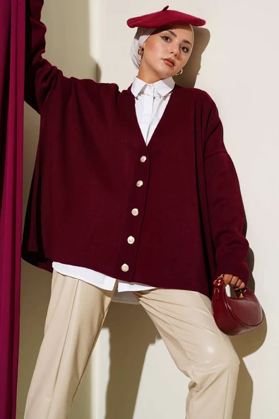 Basic Düğmeli Triko Hırka Bordo ürün görseli