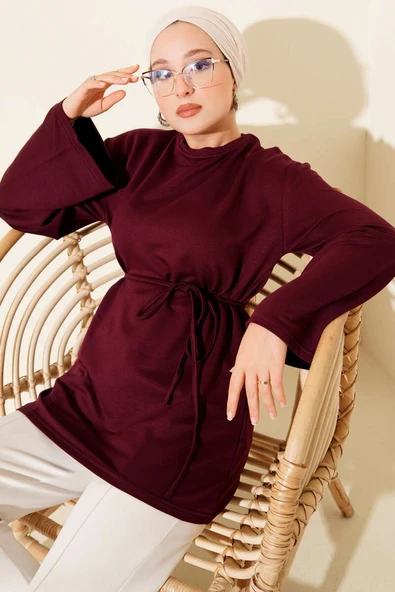 Loyşa Geniş Kollu İp Kuşaklı Tunik Vişne ürün görseli 1