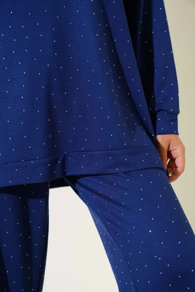 Loyşa Mini Taşlı Süslemeli İkili Takım Lacivert - Resim 4