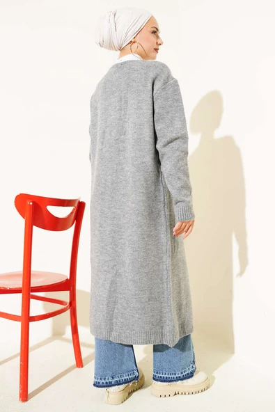 Cepli Uzun Triko Hırka Gri - Resim 3