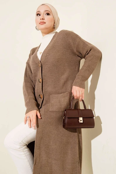 Düğmeli Cepli Uzun Triko Hırka Vizon - Resim 2