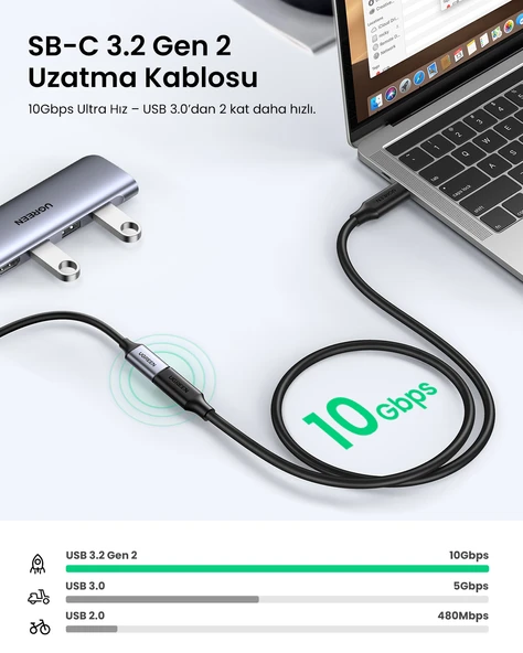 UGREEN Type-C Erkek to Type-C Dişi Uzatma Kablosu 1 Metre, 10387 - Resim 3