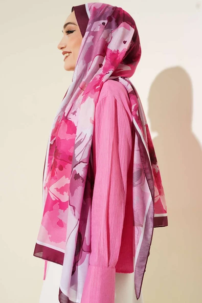 Ebruli Çiçek Desen Soft Şal Mürdüm - Resim 3