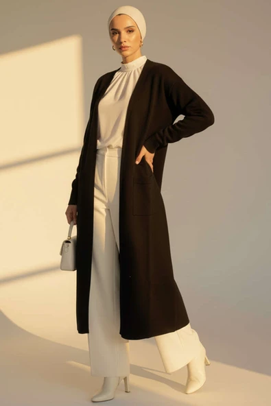 Basic Çift Cepli Uzun Triko Hırka Siyah ürün görseli 1