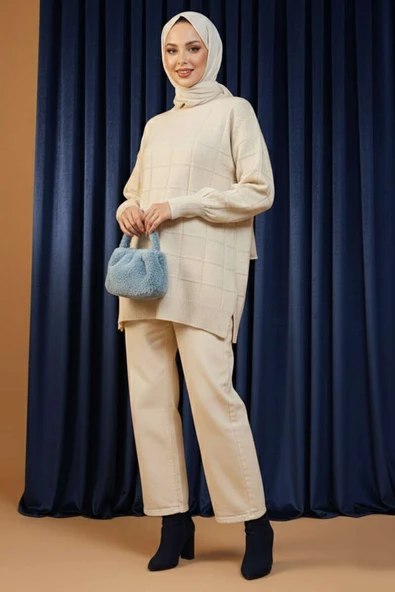 Kare Kabartmalı Yumoş Triko Tunik Taş - Resim 2