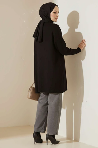 Düşük Kol Detaylı Triko Tunik Siyah - Resim 3